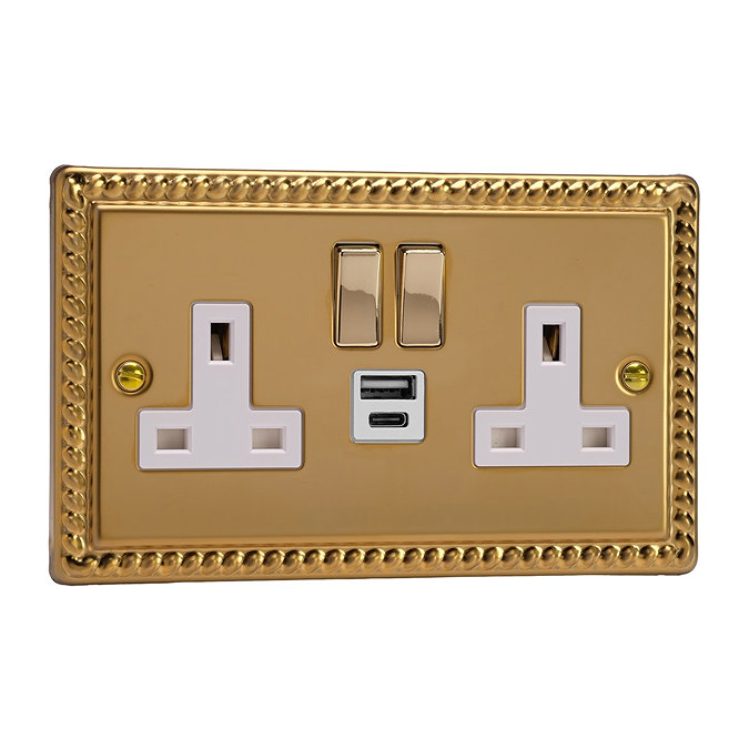 Ellis & Co 2-Gang Switched Socket with USB A & C Ports Georgian Brass - White