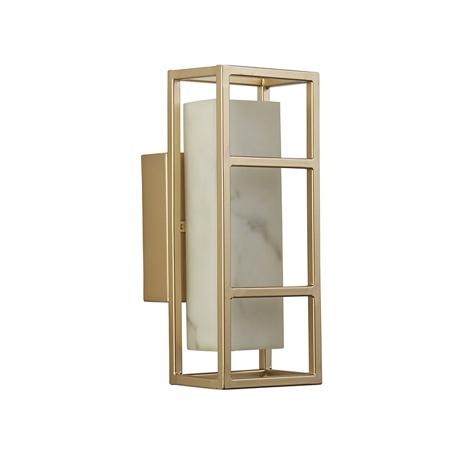 A matt gold rectangular wall light with an open metal frame surrounding a marble‑effect resin diffuser, shown switched off.