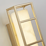 Close‑up of the matt gold open frame and softly glowing marble‑effect resin diffuser of the rectangular wall light.
