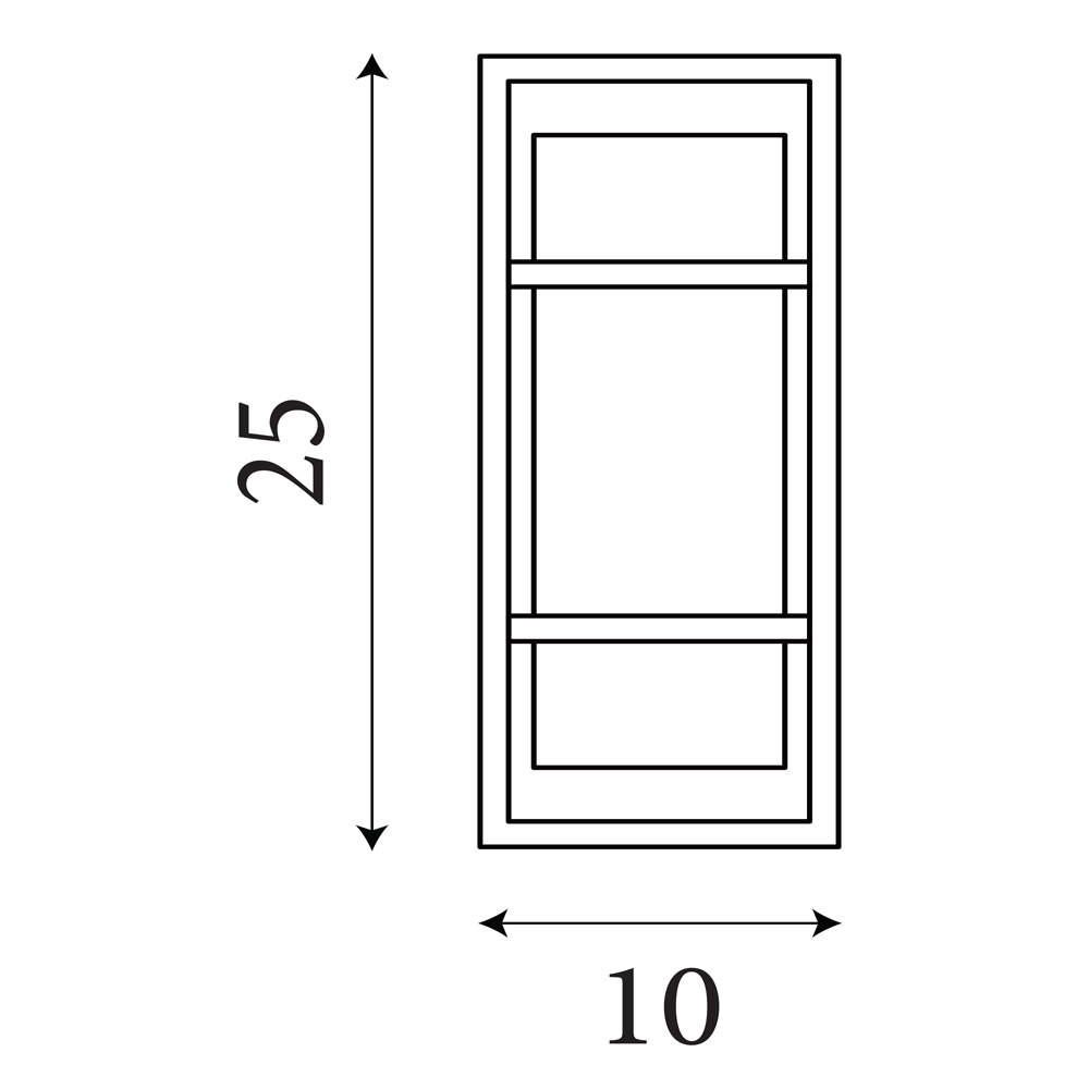 Line drawing of a rectangular wall light showing a tall inner diffuser shape inside a rectangular frame, with measurements of 25 cm height and 10 cm width.