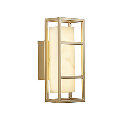A matt gold rectangular wall light with an open metal frame and a glowing marble‑effect resin diffuser, shown illuminated.