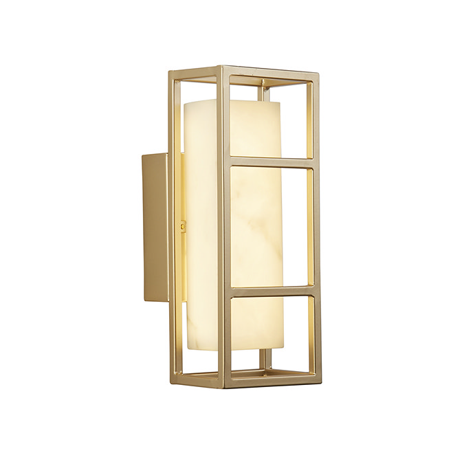 A matt gold rectangular wall light with an open metal frame and a glowing marble‑effect resin diffuser, shown illuminated.