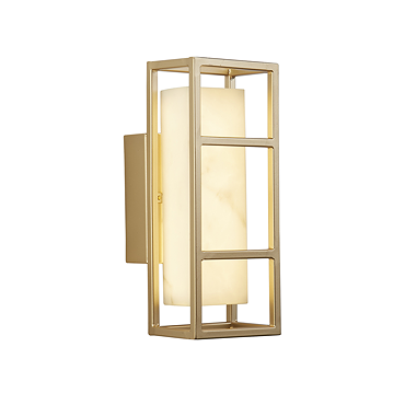 A matt gold rectangular wall light with an open metal frame surrounding a marble‑effect resin diffuser, shown switched off.