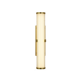 A gold clamp‑style wall light with a glowing ribbed opal glass tube held in place by a central gold metal clamp.