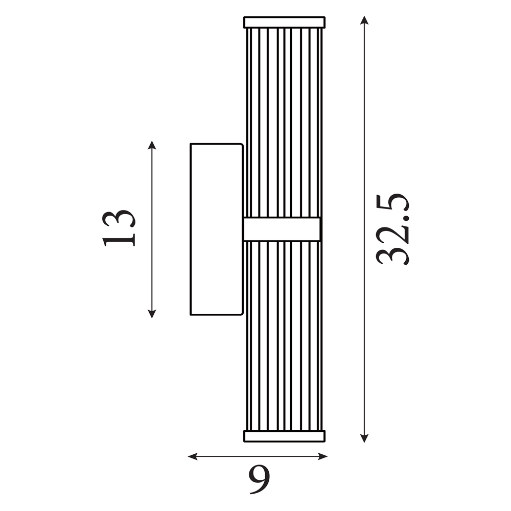 Line drawing of the clamp‑style wall light showing its ribbed cylindrical diffuser and central clamp detail, with measurements of 32.5 cm total height, 9 cm width, and 13cm backplate height.
