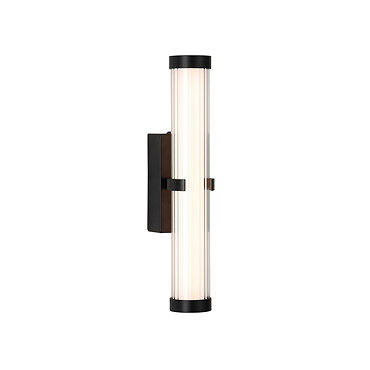 A matt black clamp‑style wall light with a tall ribbed opal glass tube held at the centre by a black metal clamp, shown switched off.