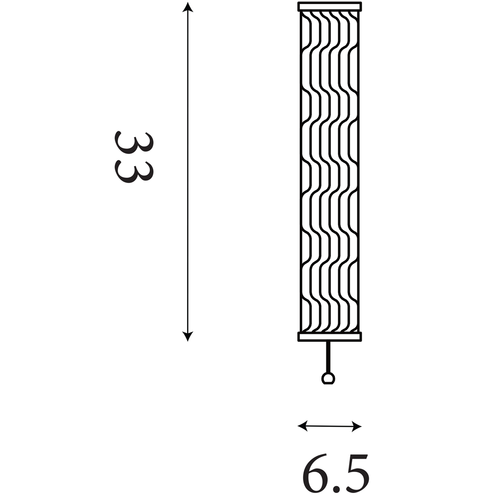 Line drawing of the wall light showing its tall wave‑ridged glass diffuser, pull‑cord switch, and measurements of 33 cm height and 6.5 cm width.