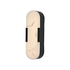 A wall‑mounted light with a rounded oval shape, glowing through a white marble‑effect diffuser framed by matte black sides.