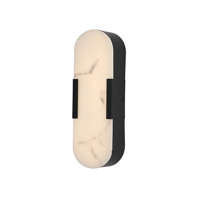A wall‑mounted light with a rounded oval shape, glowing through a white marble‑effect diffuser framed by matte black sides.
