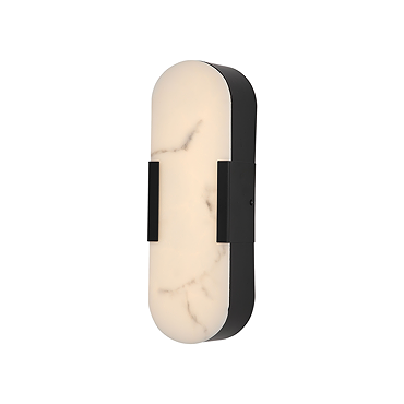 A wall‑mounted light with an oval white marble‑effect front panel and matte black sides, shown switched off.