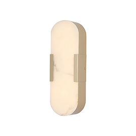A wall‑mounted light with a rounded oval shape, glowing through a white marble‑effect diffuser framed by matte gold sides.