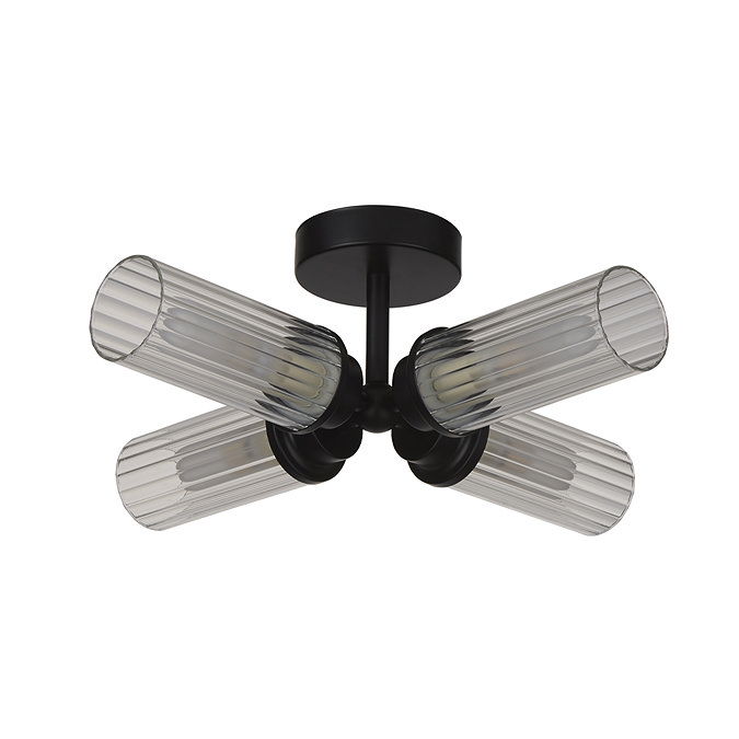 A matt black four‑light flush ceiling fitting with four clear ribbed glass cylinders arranged in a cross pattern, shown switched off.