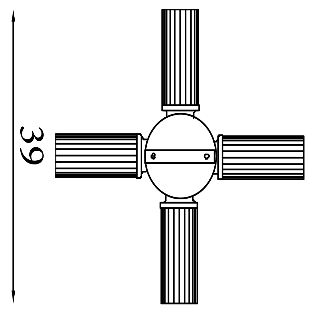 Line drawing of a four‑light flush ceiling fixture with ribbed cylindrical shades arranged in a cross shape, showing a width of 39 cm.