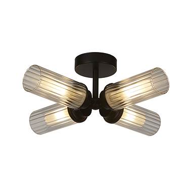 A matt black four‑light flush ceiling fitting with four clear ribbed glass cylinders arranged in a cross pattern, shown switched off.
