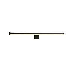 A slim, modern black mirror light with a long horizontal diffuser glowing softly, supported by a central bracket.