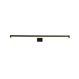 A slim, modern black mirror light with a long horizontal diffuser glowing softly, supported by a central bracket.