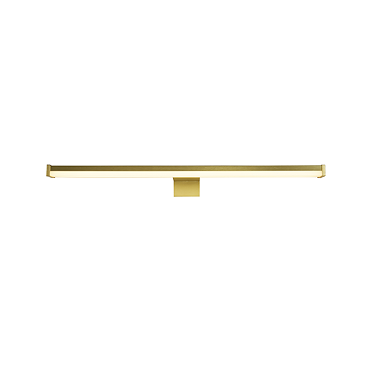 A slim gold horizontal mirror light with a frosted diffuser and a central mounting bracket, shown switched off.