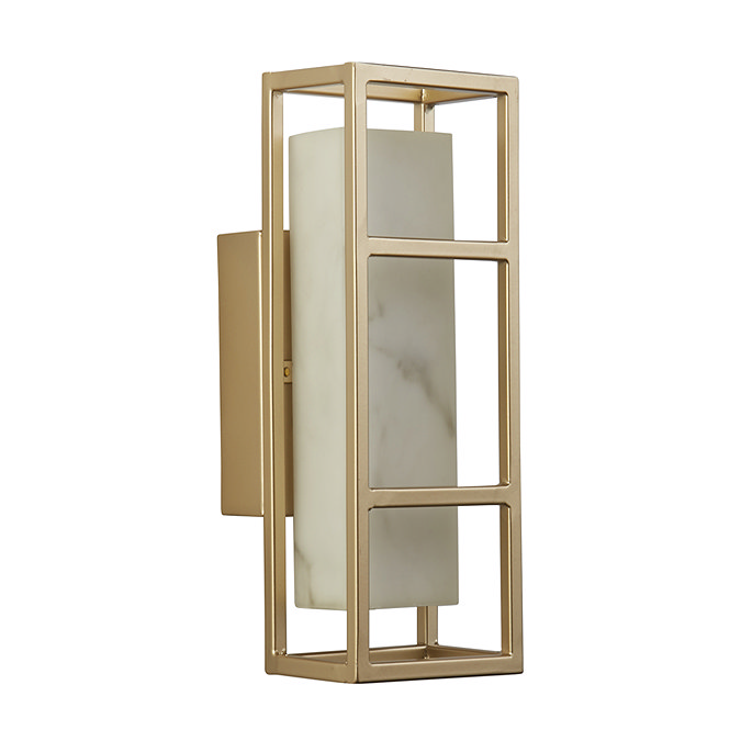 A matt gold rectangular wall light with an open metal frame surrounding a marble‑effect resin diffuser, shown switched off.