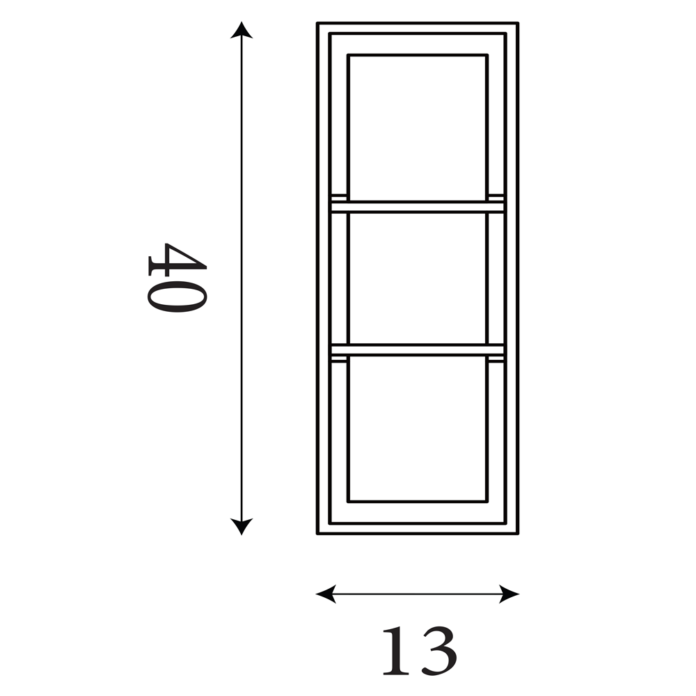 Line drawing of a rectangular wall light showing a tall inner diffuser shape inside a rectangular frame, with measurements of 40 cm height and 13 cm width.