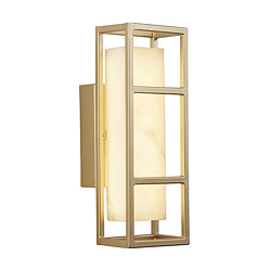 A matt gold rectangular wall light with an open metal frame and a glowing marble‑effect resin diffuser, shown illuminated.