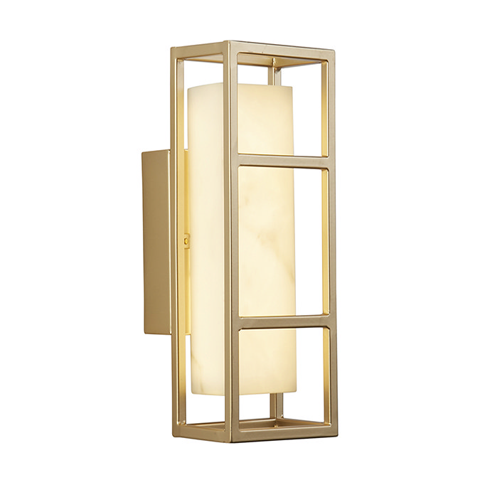 A matt gold rectangular wall light with an open metal frame and a glowing marble‑effect resin diffuser, shown illuminated.