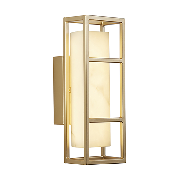 A matt gold rectangular wall light with an open metal frame surrounding a marble‑effect resin diffuser, shown switched off.