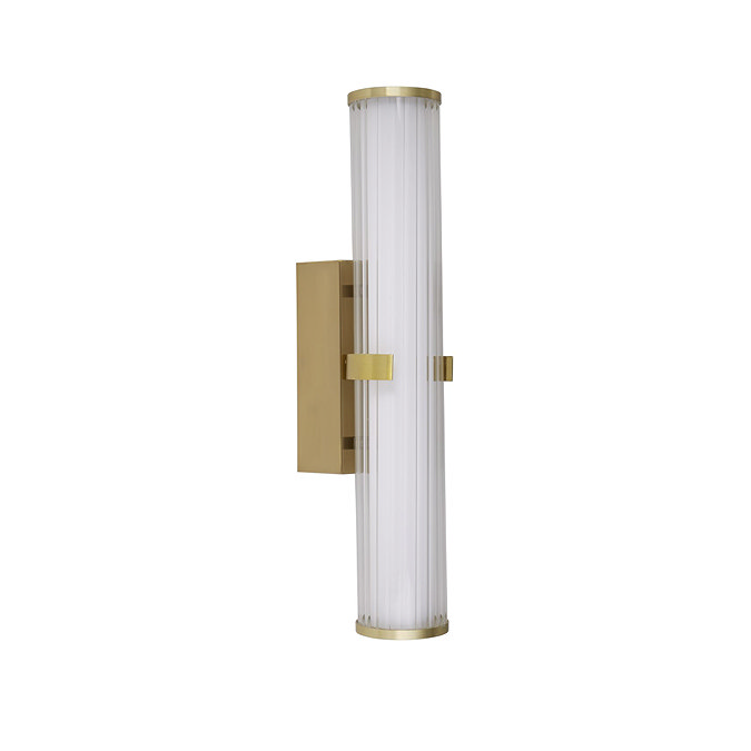 A clamp‑style wall light with a tall ribbed opal glass tube held at the centre by a gold metal clamp, shown switched off.