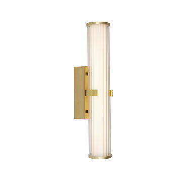 A clamp‑style wall light with a tall ribbed opal glass tube held at the centre by a gold metal clamp, shown switched off.