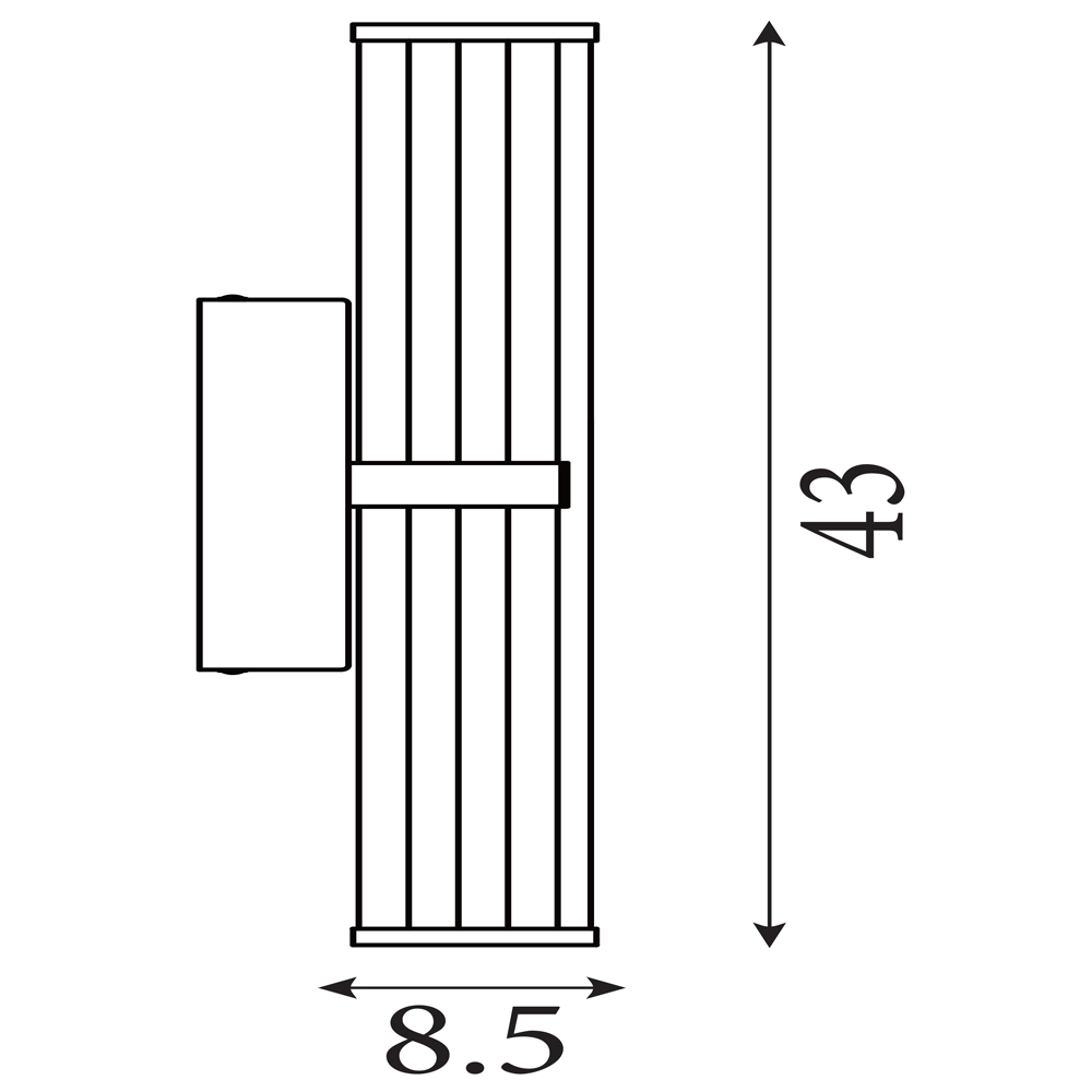 Line drawing of the clamp‑style wall light showing its ribbed cylindrical diffuser and central clamp detail, with measurements of 43 cm height and 8.5cm width.