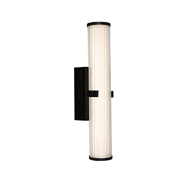 A matt black clamp‑style wall light with a tall ribbed opal glass tube held at the centre by a black metal clamp, shown switched off.