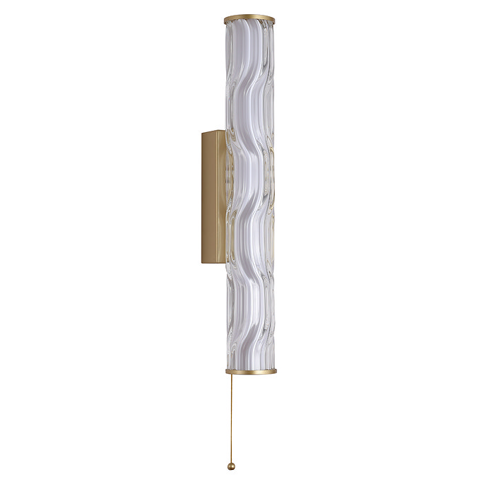 A tall matt gold wall light with a clear wave‑ridged glass diffuser and a pull‑cord switch, shown switched off.