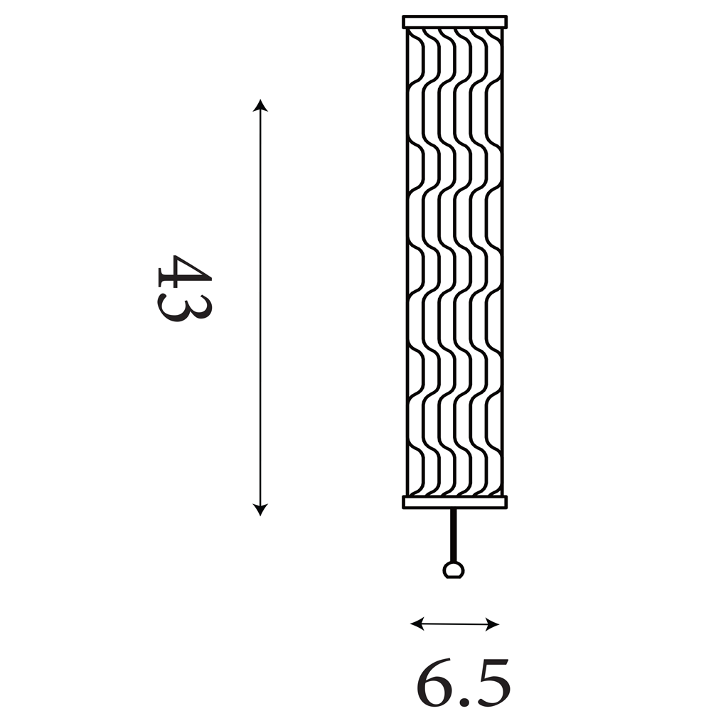Line drawing of the wall light showing its tall wave‑ridged glass diffuser, pull‑cord switch, and measurements of 43 cm height and 6.5 cm width.