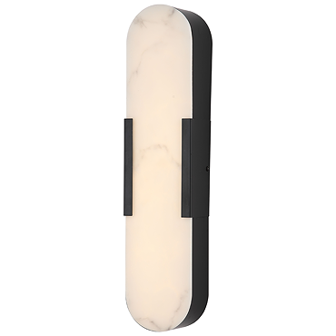 A tall wall‑mounted light with an elongated oval white marble‑effect front panel and matte black sides, shown switched off.