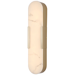 A tall wall‑mounted light with an elongated oval marble‑effect diffuser framed in matt gold, glowing softly to show the light is switched on.