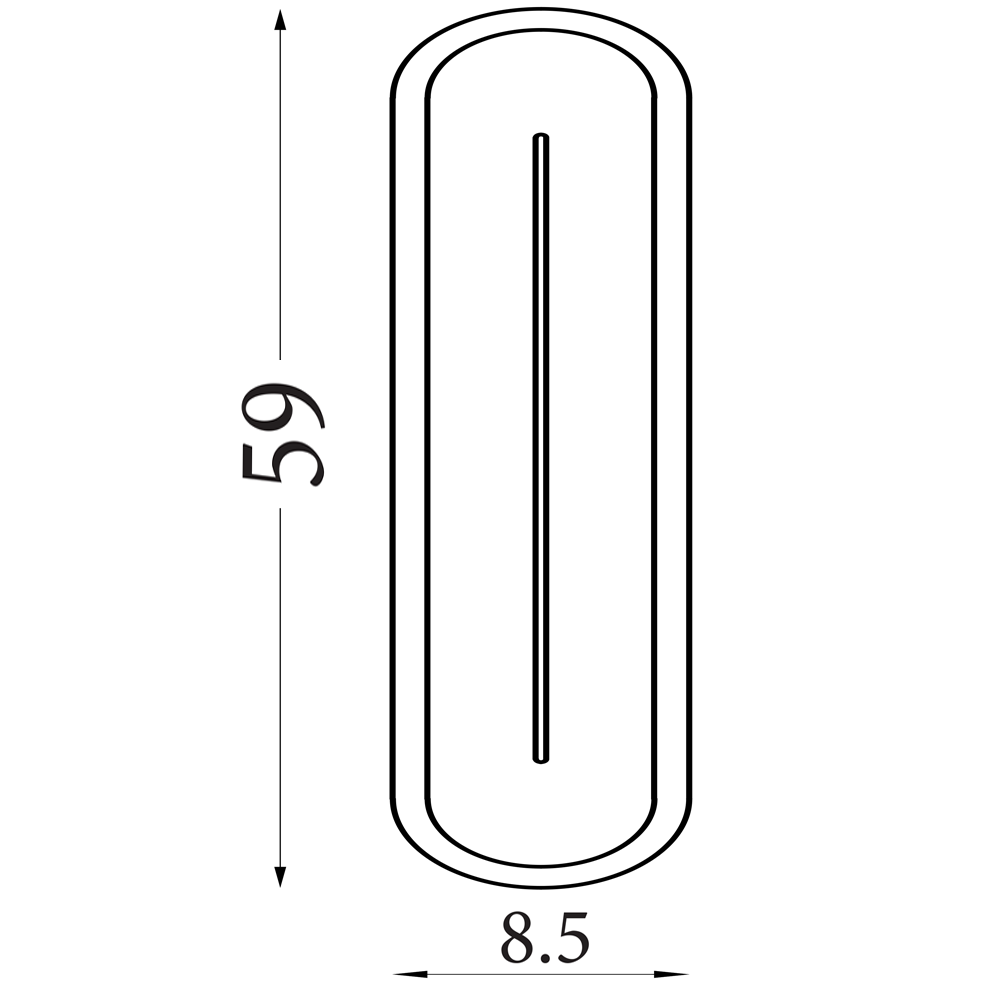 Line drawing of the elongated oval wall light showing its slim central light aperture and clear outline, with measurements of 59cm height and 8.5 cm width.