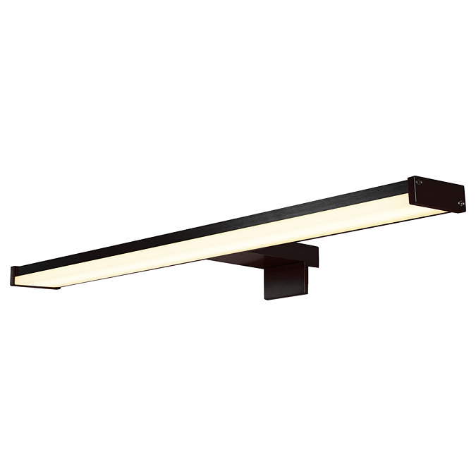 A long slim matt‑black LED mirror light with a softly glowing frosted diffuser, supported by a central bracket