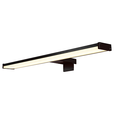 A long slim matt‑black LED mirror light with a frosted diffuser and a central mounting bracket, shown switched off.