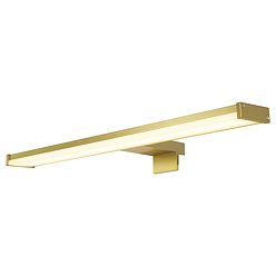 A long slim matt gold LED mirror light with a softly glowing frosted diffuser, supported by a central bracket.