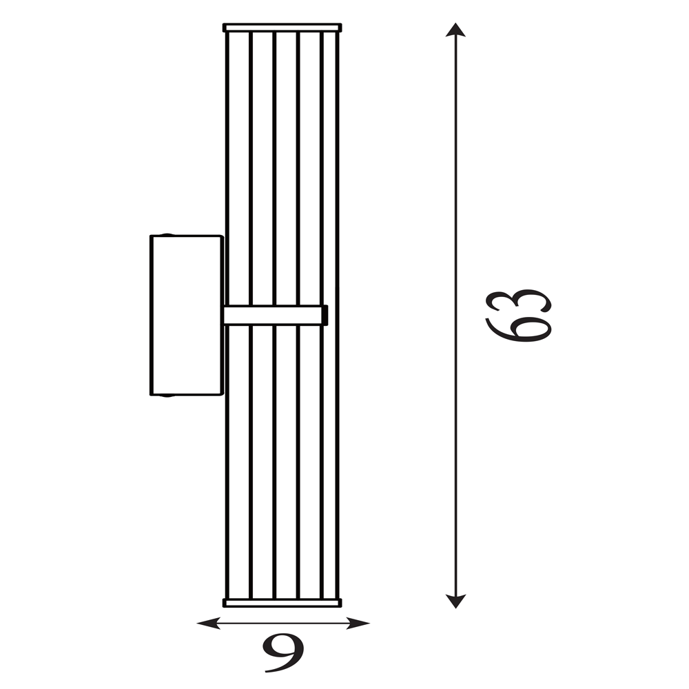 Line drawing of the clamp‑style wall light showing its ribbed cylindrical diffuser and central clamp detail, with measurements of 63 cm height and 9 cm width.