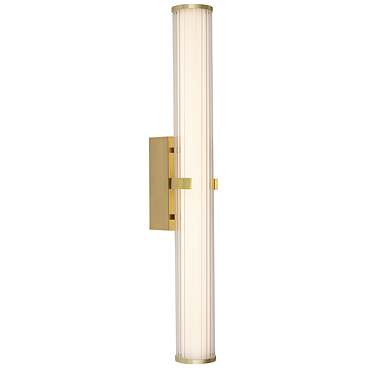 A gold clamp‑style wall light with a tall ribbed opal glass tube held at the centre by a gold metal clamp, shown switched off.