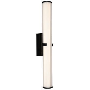 A matt black clamp‑style wall light with a tall ribbed opal glass tube held at the centre by a black metal clamp, shown switched off.