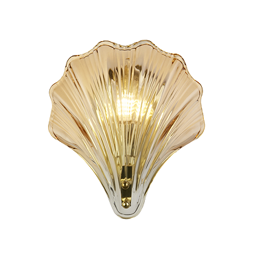 A scallop‑shaped wall light with ribbed amber glass and a satin brass fitting, shown switched off.