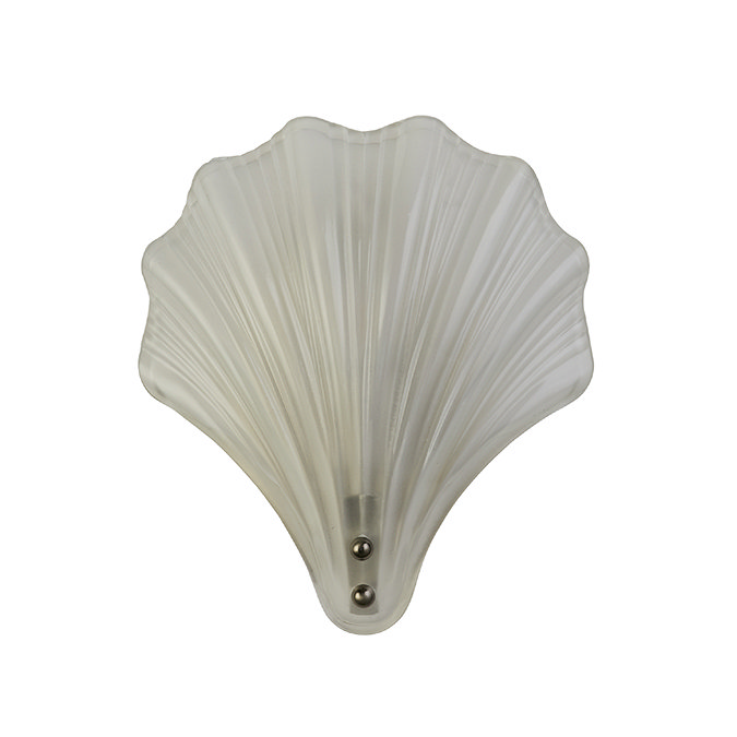 A scallop‑shaped wall light with ribbed frosted glass and a satin silver fitting, shown switched off.