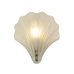 A scallop‑shaped frosted glass wall light with a satin silver fitting, shown illuminated to create a golden glow through the ribbed glass.