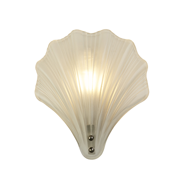 A scallop‑shaped wall light with ribbed frosted glass and a satin silver fitting, shown switched off.