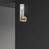 A satin brass bathroom wall light with a clear etched glass shade mounted on a dark wall, shown illuminated.