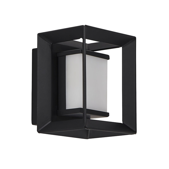 A small black square wall light with an opal acrylic centre enclosed within an open black metal frame, shown switched off.