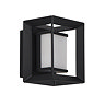 A small black square wall light with an opal acrylic centre enclosed within an open black metal frame, shown switched off.