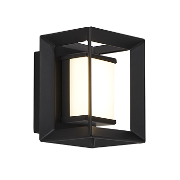 A small black square wall light with an opal acrylic centre enclosed within an open black metal frame, shown switched off.