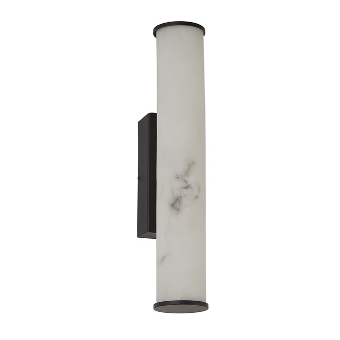A tall wall light with a white marble‑effect cylindrical diffuser mounted on a black rectangular backplate, shown switched off.
